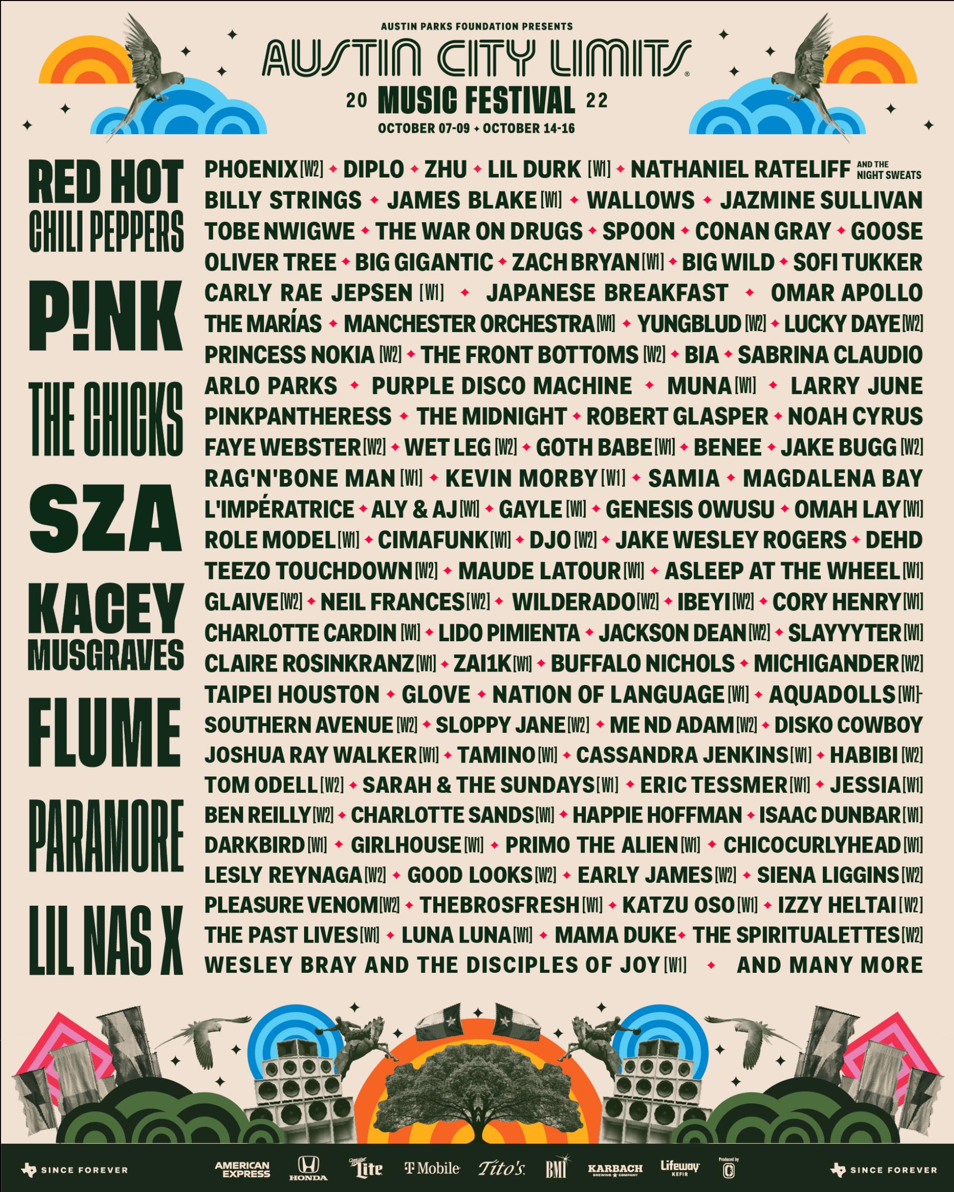 Red Hot Chili Peppers, Pink, SZA, Kacey Musgraves, Lil Nas X to Headline 2022 Austin City Limits Festival