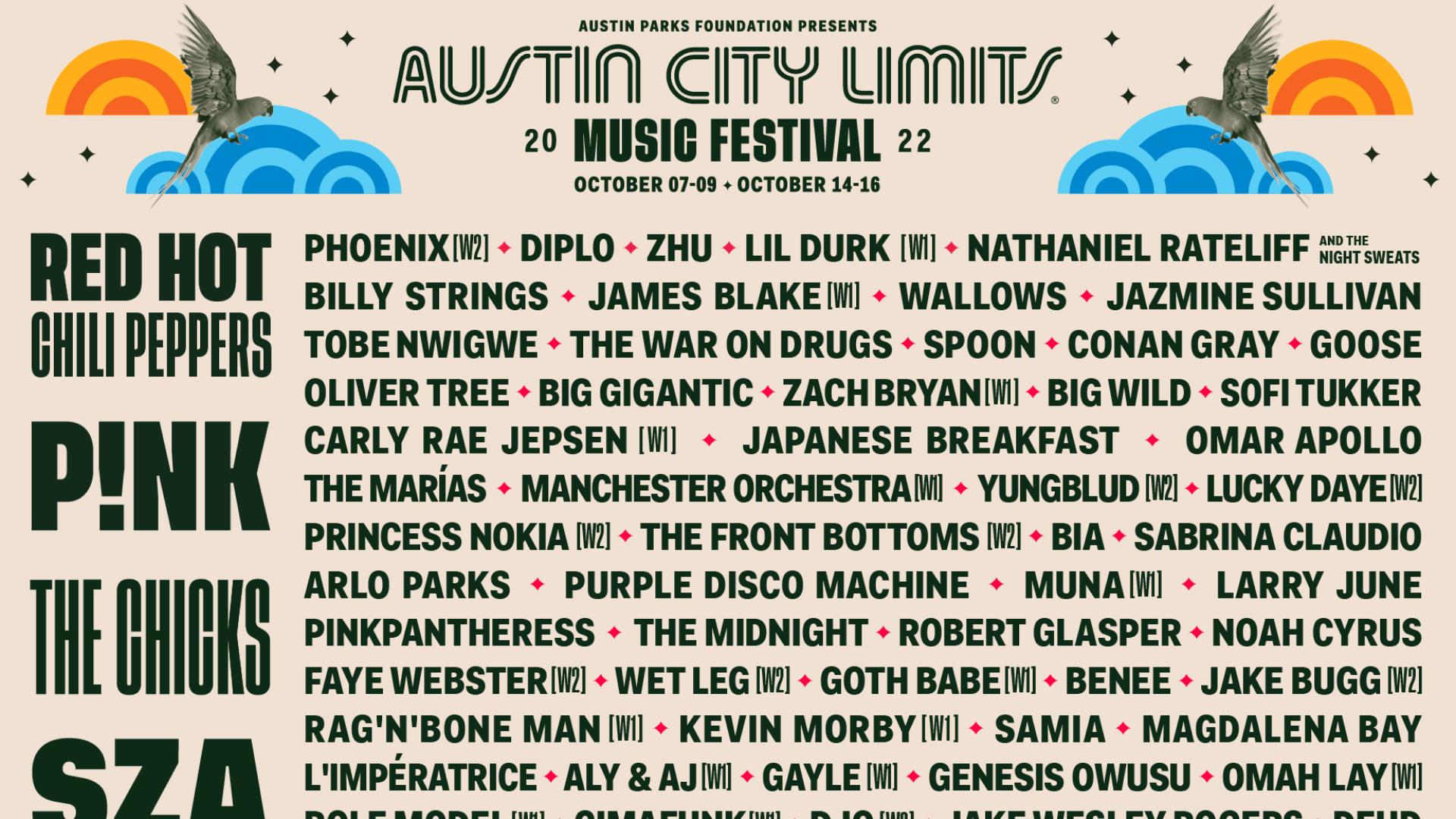 Red Hot Chili Peppers, Pink, SZA, Kacey Musgraves, Lil Nas X to Headline 2022 Austin City Limits Festival